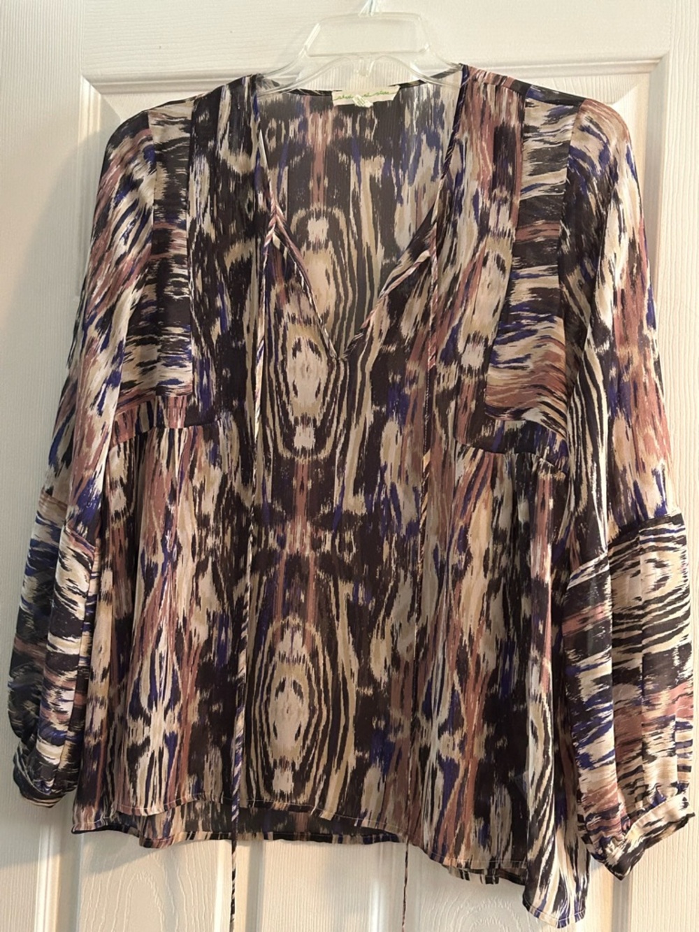 Staring at Stars Sheer Ikat V-Neck Blouse in Cream, Brown & Blue